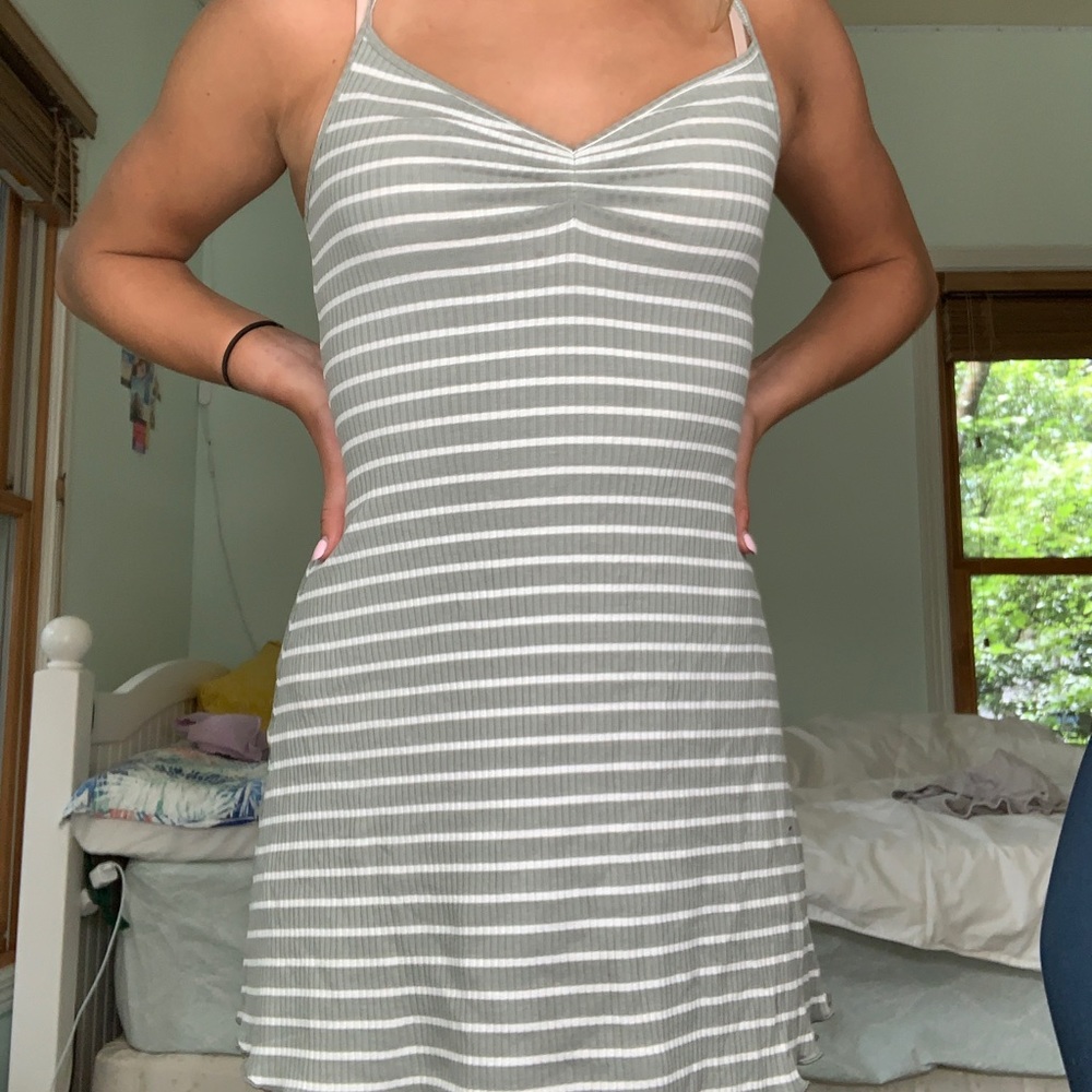 AE cinched striped dress olive and white